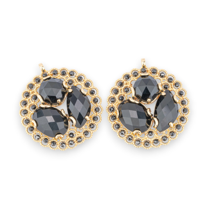 Composant pendentif en bronze avec pierres semi-précieuses et cristaux engagés sur filigrane 35x38mm 2pcs Onyx doré