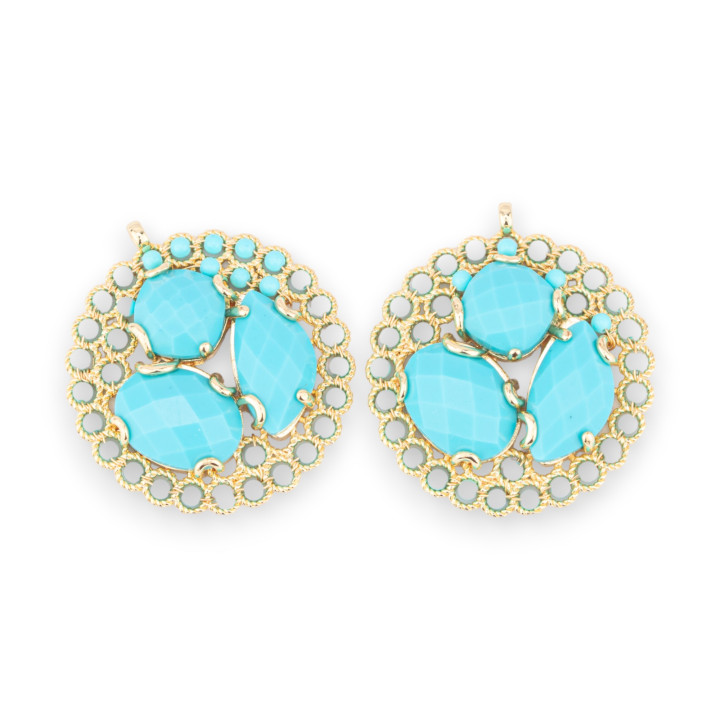 Bronze Pendant Component With Semiprecious Stones And Crystals Engaged On Filigree 35x38mm 2pcs Golden Turquoise Paste