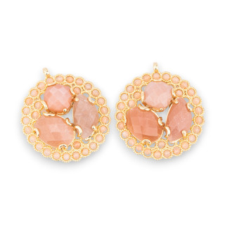 Componente colgante de bronce con piedras semipreciosas y cristales en filigrana 35x38 mm 2 piezas Piedra lunar rosa dorada