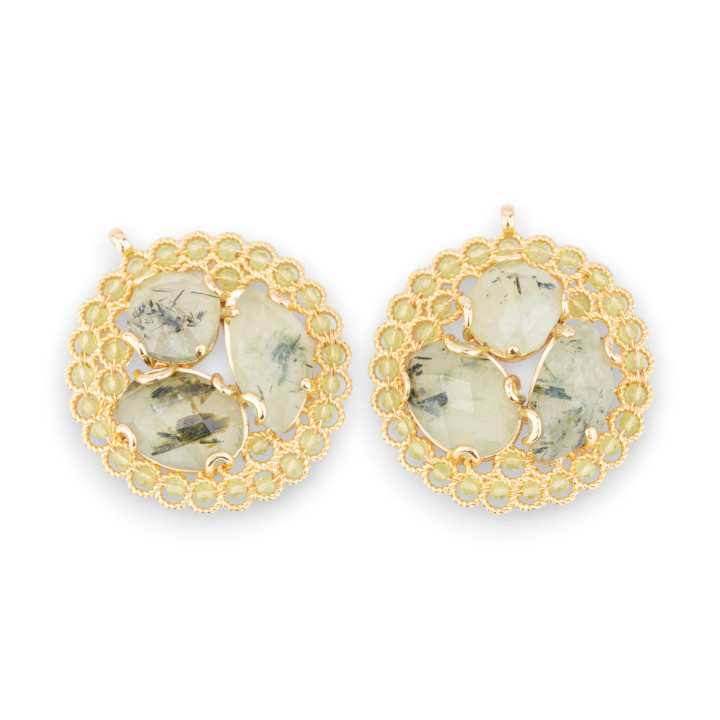 Componente Pendente Di Bronzo Con Pietre Dure E Cristalli Ammagliate Su Filigrana 35x38mm 2pz Dorato Prenite