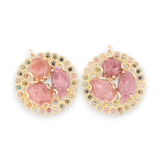 Bronze Pendant Component With Semi-precious Stones And Crystals Engaged On Filigree 35x38mm 2pcs Golden Strawberry Quartz