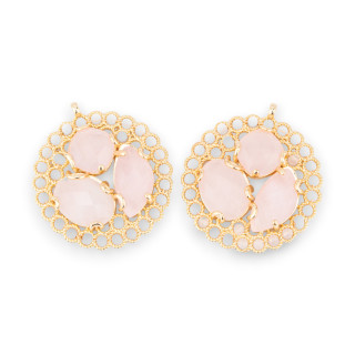 Composant pendentif en bronze avec pierres semi-précieuses et cristaux engagés sur filigrane 35x38mm 2pcs Quartz rose doré