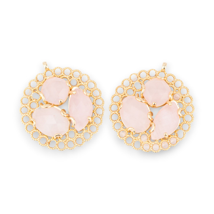 Composant pendentif en bronze avec pierres semi-précieuses et cristaux engagés sur filigrane 35x38mm 2pcs Quartz rose doré