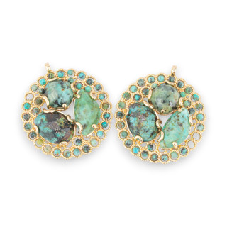 Bronze Pendant Component With Semi-precious Stones And Crystals Engaged On Filigree 35x38mm 2pcs Golden African Turquoise