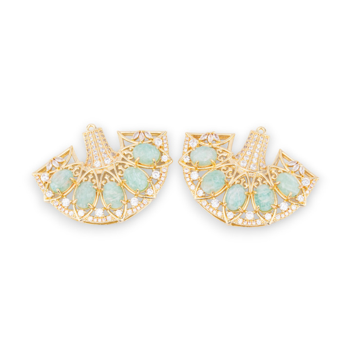 Composant pendentif en bronze avec pierres semi-précieuses et cristaux engagés sur filigrane 42x32mm 2pcs Amazonite dorée