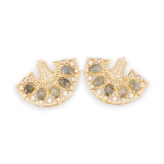 Composant pendentif en bronze avec pierres semi-précieuses et cristaux engagés sur filigrane 42x32mm 2pcs Labradorite dorée