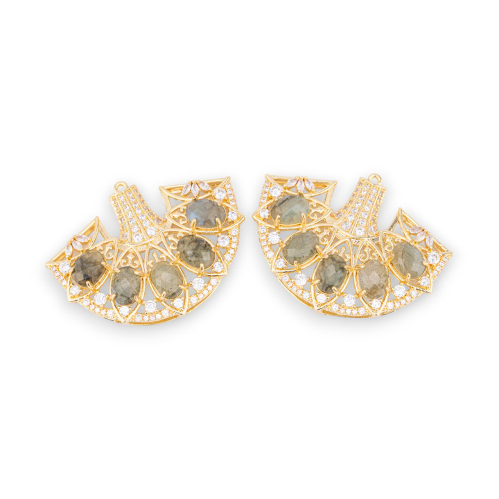 Bronze Pendant Component With Semiprecious Stones And Crystals Engaged On Filigree 42x32mm 2pcs Golden Labradorite