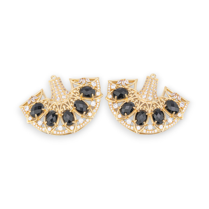 Bronze Pendant Component With Semi-precious Stones And Crystals Engaged On Filigree 42x32mm 2pcs Golden Onyx