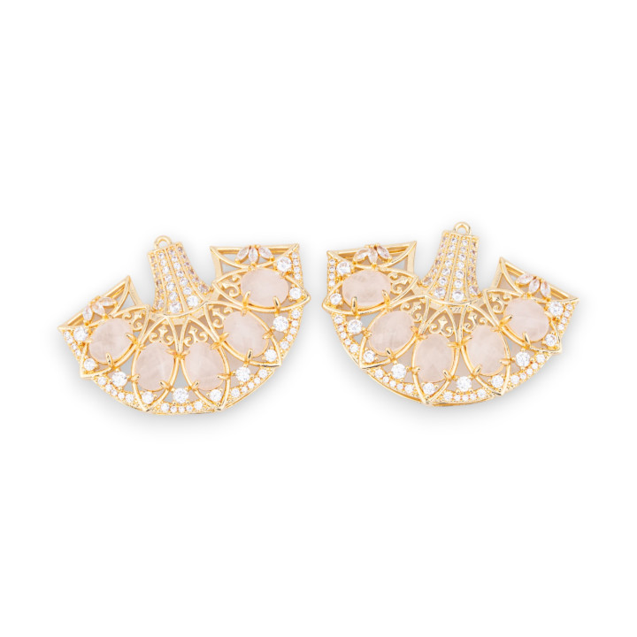 Χάλκινο μενταγιόν με ημιπολύτιμες πέτρες και κρύσταλλα εμπλεκόμενα σε φιλιγκράν 42x32mm 2τμχ Golden Rose Quartz