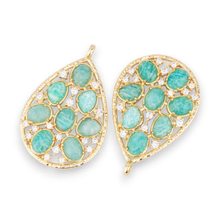 Composant Pendentif Bronze Avec Ensemble Pierres Semi-précieuses Et Zircons 30x44mm 2pcs Amazonite Dorée