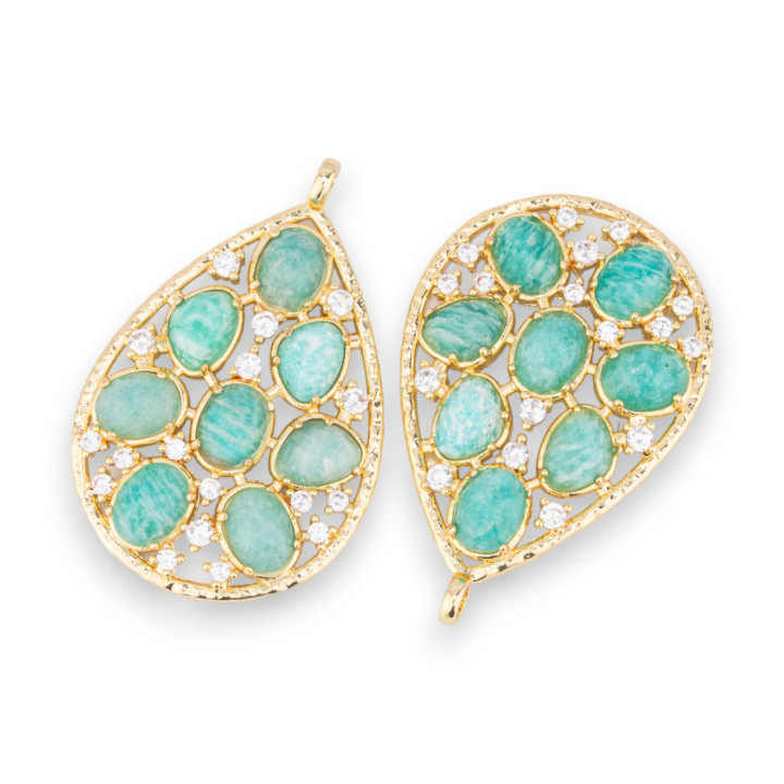Bronze Pendant Component With Set Semi-precious Stones And Zircons 30x44mm 2pcs Golden Amazonite