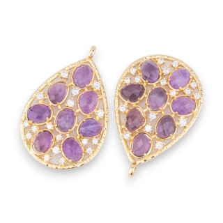 Bronze Pendant Component With Set Semi-precious Stones And Zircons 30x44mm 2pcs Golden Amethyst