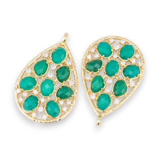 Bronze Pendant Component With Set Semi-precious Stones And Zircons 30x44mm 2pcs Golden Green Jade