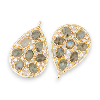 Bronze Pendant Component With Set Semi-precious Stones And Zircons 30x44mm 2pcs Golden Labradorite