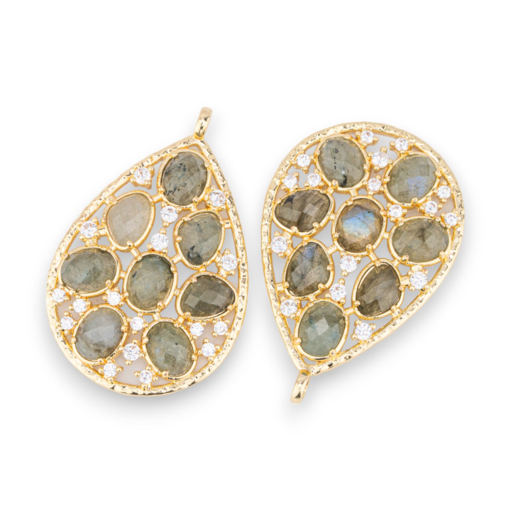 Bronze Pendant Component With Set Semi-precious Stones And Zircons 30x44mm 2pcs Golden Labradorite
