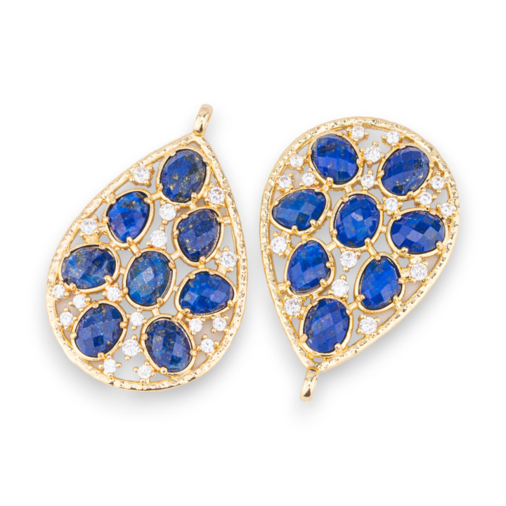 Bronze Pendant Component With Set Semi-precious Stones And Zircons 30x44mm 2pcs Golden Lapis Lazuli