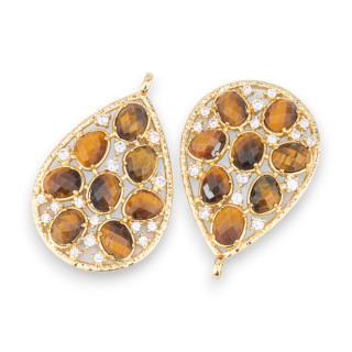 Bronze Pendant Component With Set Semi-precious Stones And Zircons 30x44mm 2pcs Golden Tiger Eye