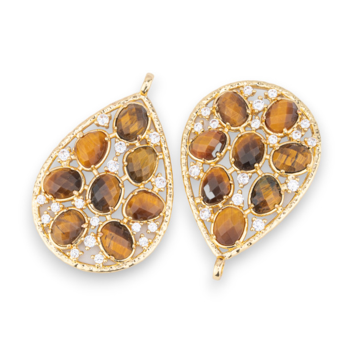 Bronze Pendant Component With Set Semi-precious Stones And Zircons 30x44mm 2pcs Golden Tiger Eye
