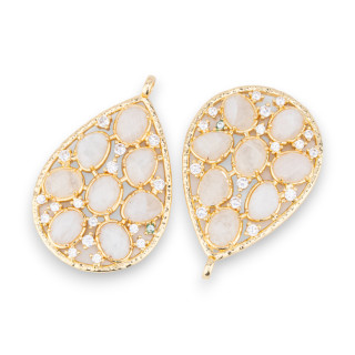 Bronze Pendant Component with Set Semi-precious Stones and Zircons 30x44mm 2pcs Golden White Moonstone