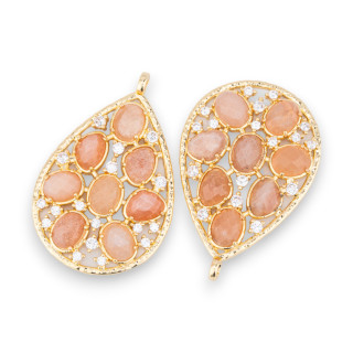 Bronze Pendant Component With Semi-precious Stones and Zircons 30x44mm 2pcs Golden Pink Moonstone