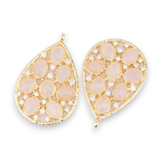 Bronze Pendant Component With Set Semi-precious Stones And Zircons 30x44mm 2pcs Golden Rose Quartz