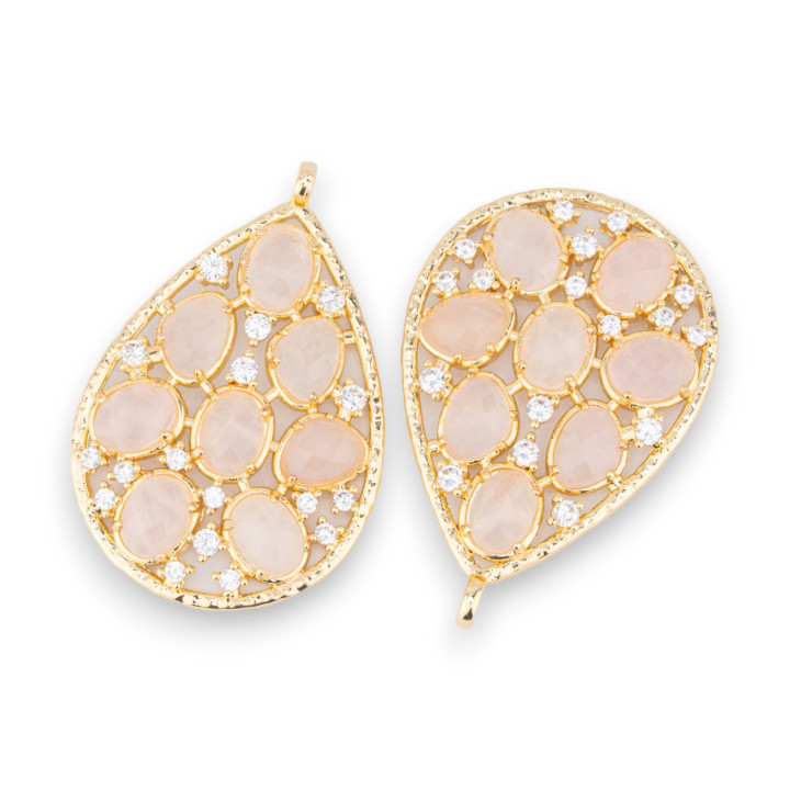 Bronze Pendant Component With Set Semi-precious Stones And Zircons 30x44mm 2pcs Golden Rose Quartz