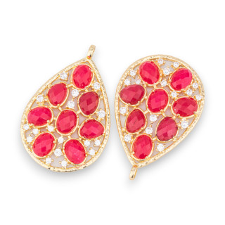 Bronze Pendant Component With Set Semi-precious Stones And Zircons 30x44mm 2pcs Red Golden