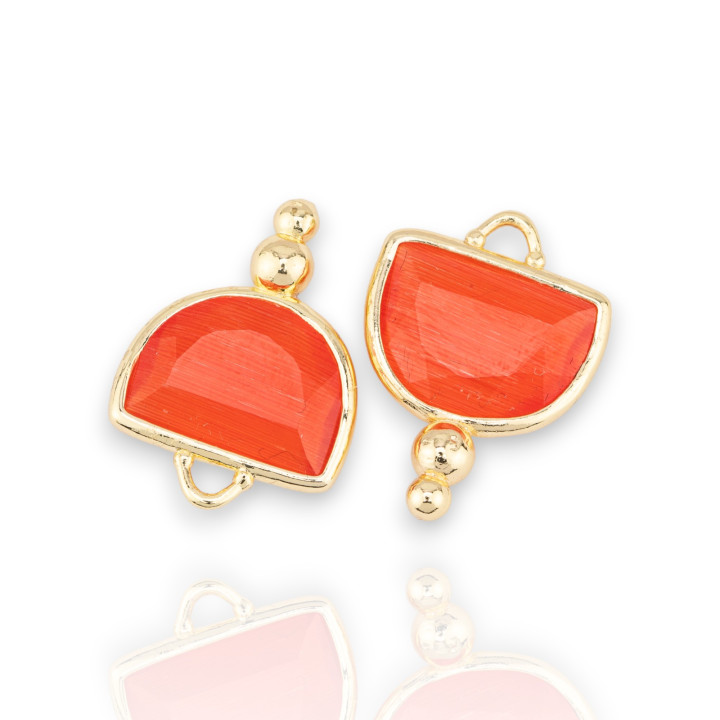 Messing-Komponentenverbinder mit Katzenauge, facettierte Halbkugel mit 2 Kugeln, 16 x 22 mm, 10 Stück, goldorange