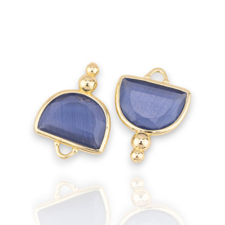 Messing-Komponentenverbinder mit Katzenauge, facettierte Halbkugel mit 2 Kugeln, 16 x 22 mm, 10 Stück, goldblau