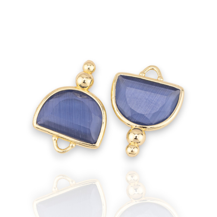 Messing-Komponentenverbinder mit Katzenauge, facettierte Halbkugel mit 2 Kugeln, 16 x 22 mm, 10 Stück, goldblau