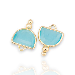 Brass Component Connector With Cat's Eye Faceted Hemisphere With 2 Balls 16x22mm 10pcs Golden Light Blue