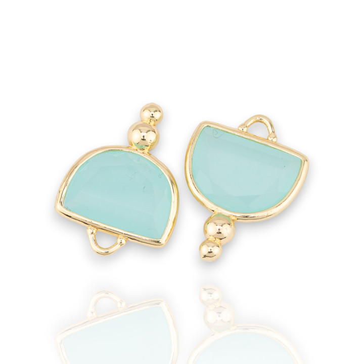 Brass Component Connector With Cat's Eye Faceted Hemisphere With 2 Balls 16x22mm 10pcs Golden Light Blue