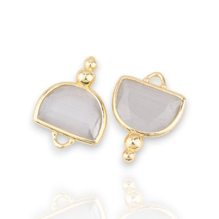 Brass Component Connector With Cat's Eye Faceted Hemisphere With 2 Balls 16x22mm 10pcs Golden Gray