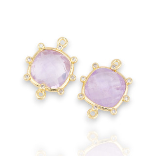 Conector de componente de latón con piedras naturales con 2 anillos y circonitas cuadradas externas 16 mm 6 piezas Lavanda amati