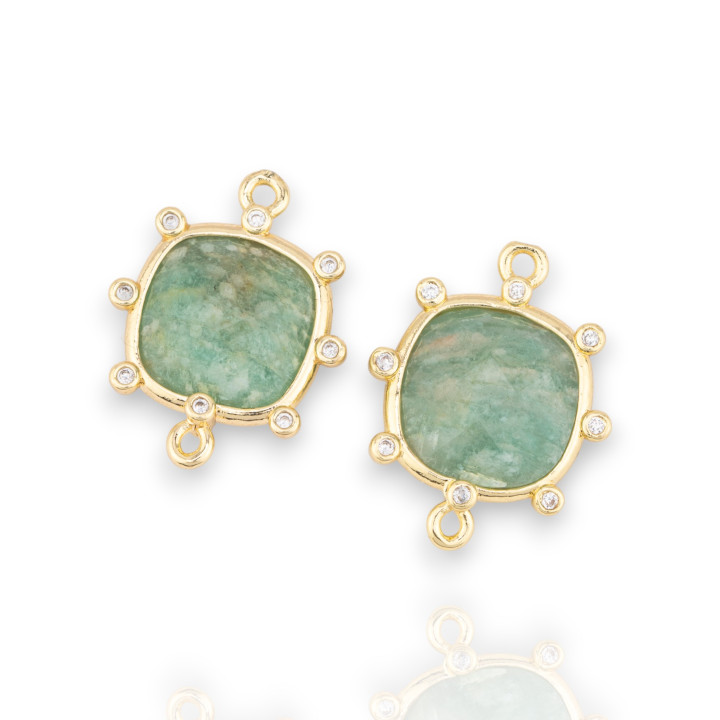 Brass Component Connector With Natural Stones With 2 Rings And External Square Zircons 16mm 6pcs Golden Aventurine