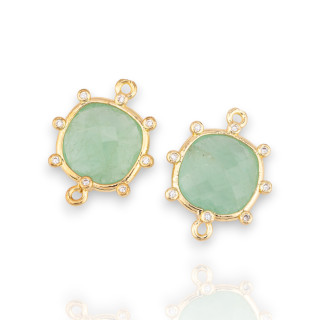 Connettore Componente Di Ottone Con Pietre Naturali Con 2 Anellini E Zirconi Quadrato Esterno 16mm 6pz Dorato Fluorite Verde