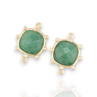 Brass Component Connector With Natural Stones With 2 Rings And External Square Zircons 16mm 6pcs Dark Golden Aventurine