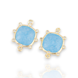 Connecteur de composant en laiton avec pierres naturelles avec 2 anneaux et zircons carrés externes 16mm 6 pièces doré bleu clai