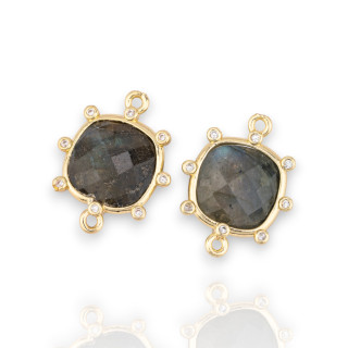Brass Component Connector With Natural Stones With 2 Rings And External Square Zircons 16mm 6pcs Golden Labradorite