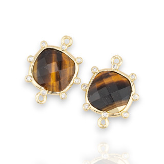 Conector de componente de latón con piedras naturales con 2 anillos y circonitas cuadradas externas 16 mm 6 piezas Ojo de tigre 