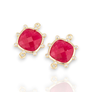 Brass Component Connector With Natural Stones With 2 Rings And External Square Zircons 16mm 6pcs Golden Red