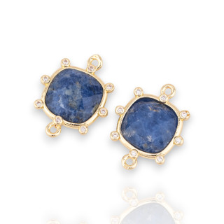 Conector de componente de latón con piedras naturales con 2 anillos y circonitas cuadradas externas 16 mm 6 piezas Sodalita dora