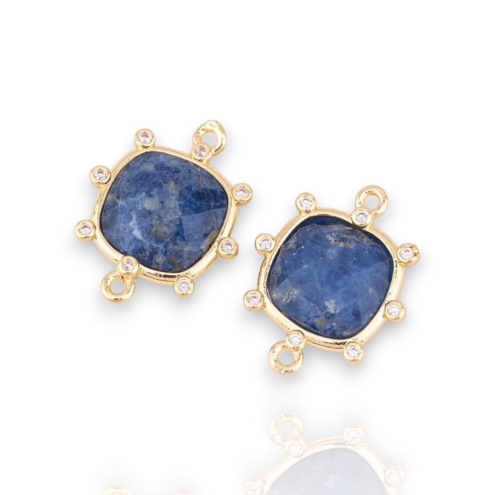 Conector de componente de latón con piedras naturales con 2 anillos y circonitas cuadradas externas 16 mm 6 piezas Sodalita dora
