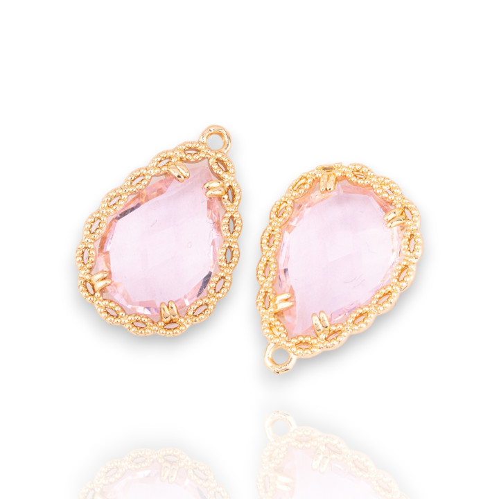 Componente Pendente Di Bronzo Con Cristalli CZ Goccia Sfaccettata 14x19mm 18pz Con 1 Anellino Dorato Rosa