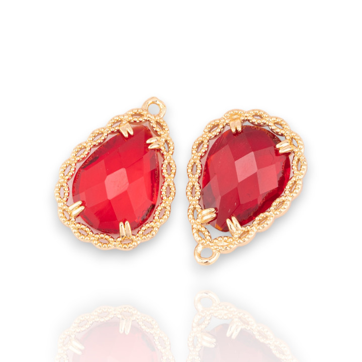 Componente colgante de bronce con cristales CZ Gota facetada 14x19 mm 18 piezas con 1 anillo dorado rojo