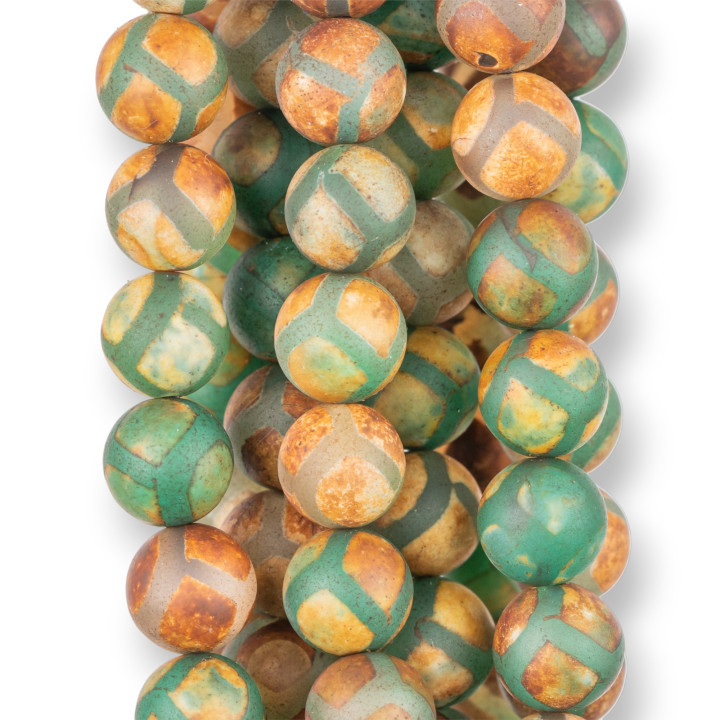 Agate Tibétaine Ronde Lisse Losange Vert 10mm