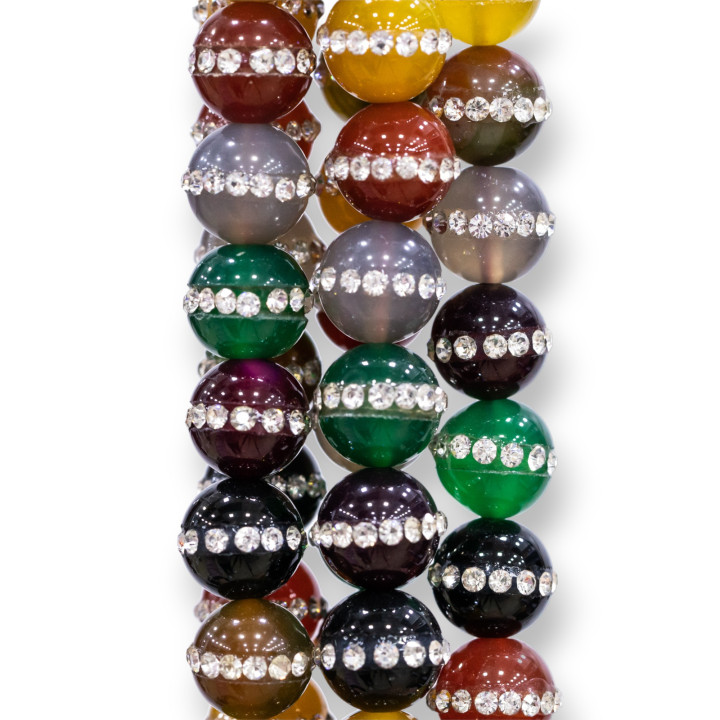 Multicolor Agate With Smooth Round Rhinestones 10mm