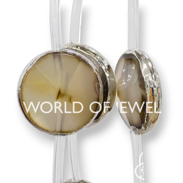 Placa Redonda Facetada de Agata Negra con Ribete Plateado 25mm 8pcs