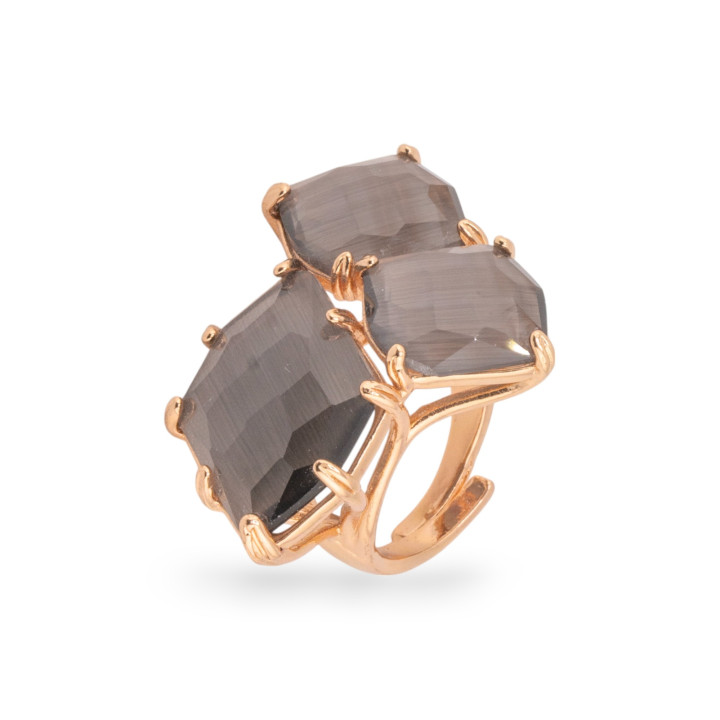 Anello Di Bronzo Con Occhio Di Gatto 30x38mm Misura Regolabile Dorato Grigio