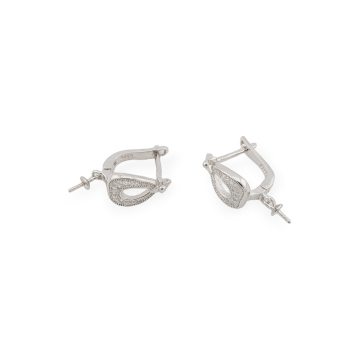 Boucles d'Oreilles en Argent 925 Base Avec Zircons Clous Fermés Goutte 08x22mm 2 Paires Rhodié
